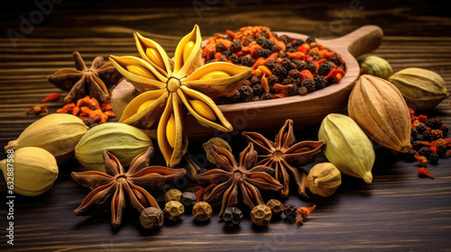 Traditional spices anise, star anise. Ingredients for cooking many dishes. Spices and herbs for cooking. Generative Ai