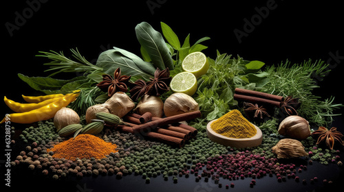 Variety of spices and herbs on black background. Generative Ai