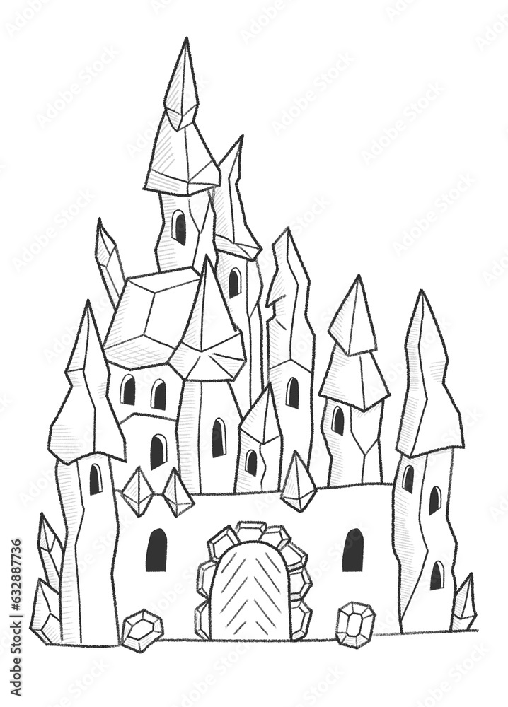 line ink drawing of crystal castle in pencil lines on white background