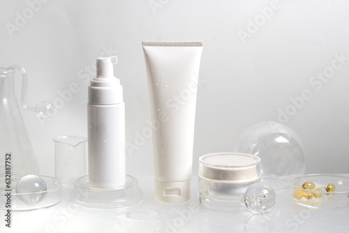 makeup cosmetic medical skin care, a mockup for cream lotion bottle product, packaging on white  waterdrop fresh with glass background
