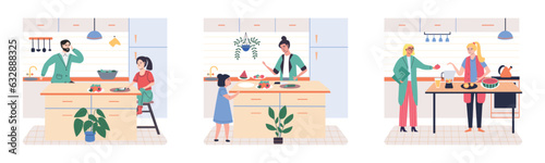 People cooking vegetarian food. Vector illustration. Smiling people cooking on home interior kitchen table. Characters cooking fresh salad and other healthy meals from fresh vegetables