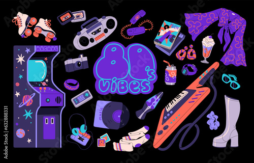 Retro 80s set. Nostalgia of 1980s, eighties: cassette, boombox, keytar, game machine. Rave style, vinyl vibe, tape recorder, fashionable clothes, accessory. Flat isolated vector illustration, sticker