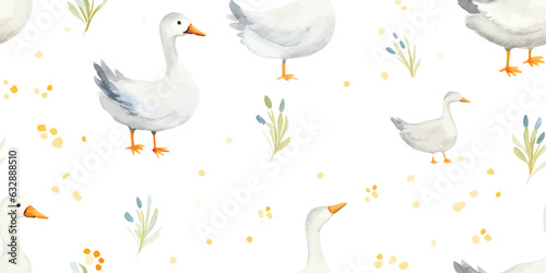 Beautiful baby seamless pattern with watercolor cute white goose birds celebrating birthday party