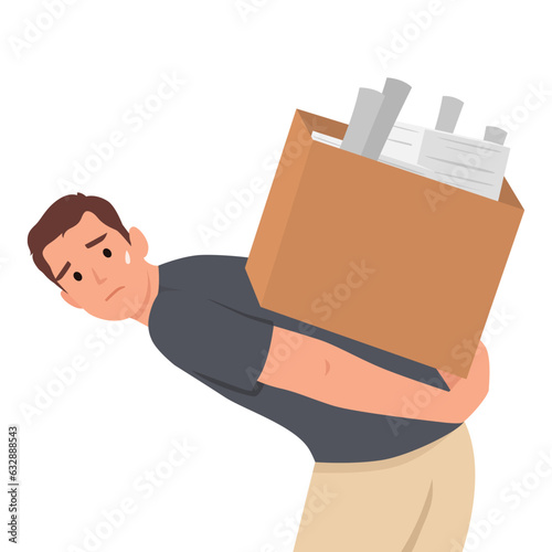 Young man carry heavy case or big box with folders or paper document. Flat vector illustration isolated on white background