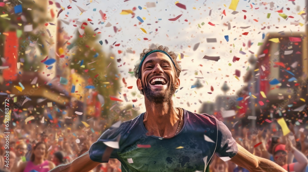 Athlete runner winning a marathon. He is just passing the finish line and confetti are flying everywhere.