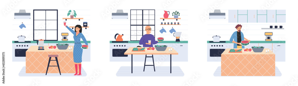 People cooking vegetarian food. Vector illustration. People cooking at home, happy couple kitchen. Home cooking room with wooden dining table. Home kitchen cooking, Man and woman preparation breakfast People cooking vegetarian food. Vector illustration. People cooking at home, happy couple kitchen. Home cooking room with wooden dining table. Home kitchen cooking, Man and woman preparation breakfast