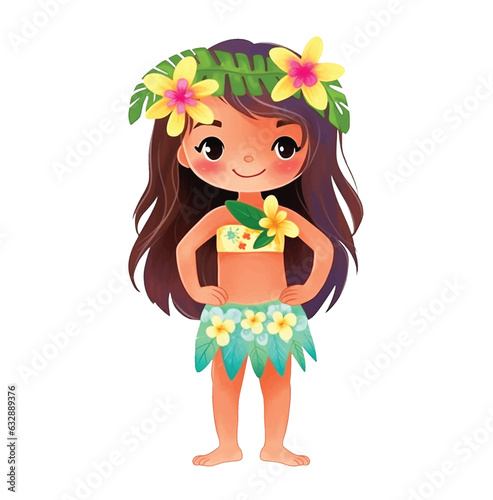  Cute cartoon little girl hawaiian style watercolor paint.
