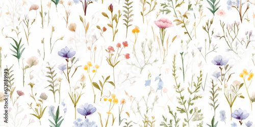 Beautiful floral seamless pattern with hand drawn watercolor wild herbs and flowers. Modern floral pattern. Collage contemporary seamless pattern. Hand drawn pattern