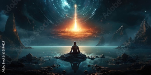 Person meditating in deep space ai generated photo