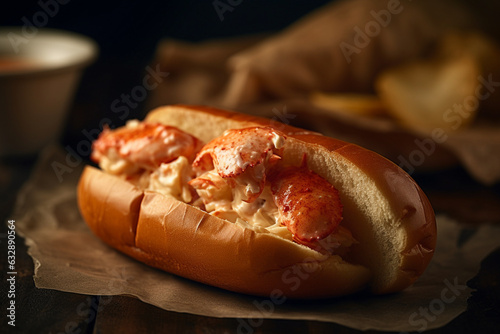 Lobster roll with melted butter, American food, bokeh  photo