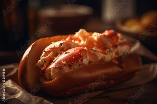 Lobster roll with melted butter, American food, bokeh 