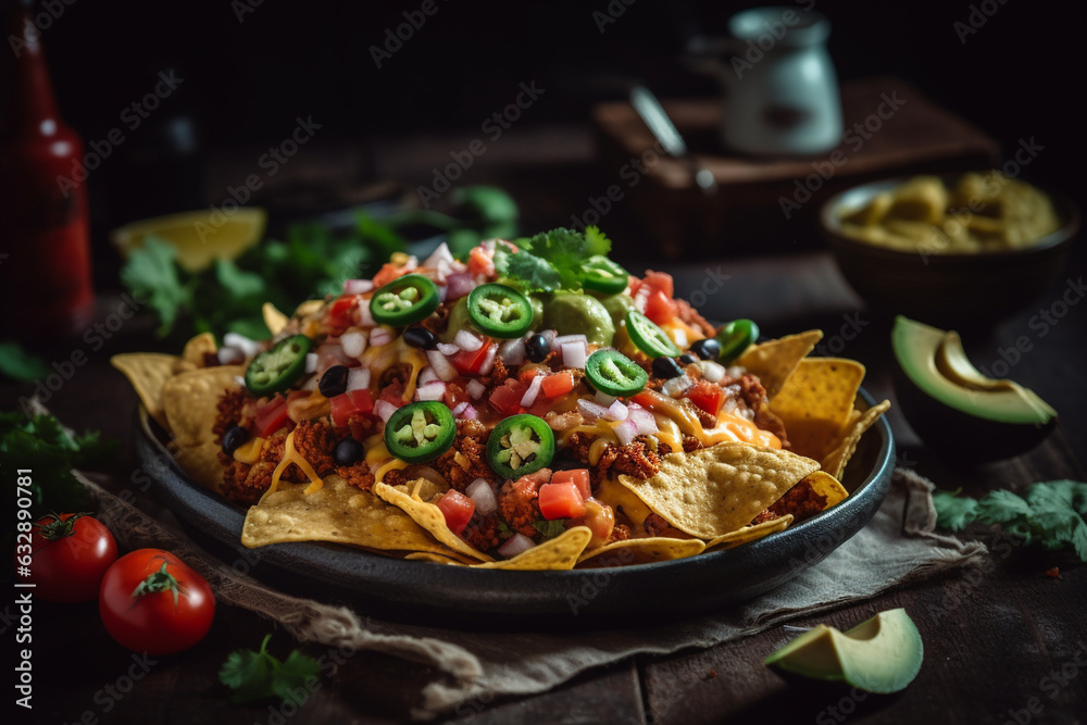Tex-Mex nachos with guacamole and salsa, American food, bokeh Tex-Mex nachos with guacamole and salsa, American food, bokeh
