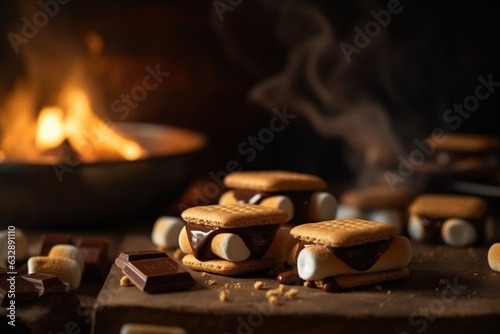 S'mores with melted marshmallows and chocolate, American food, bokeh 