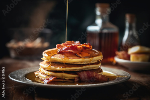 Pancakes with maple syrup and bacon, American food, bokeh  photo
