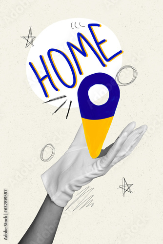 Vertical collage picture of black white colors arm glove hold ukrainian flag colors home geolocation mark isolated on drawing background