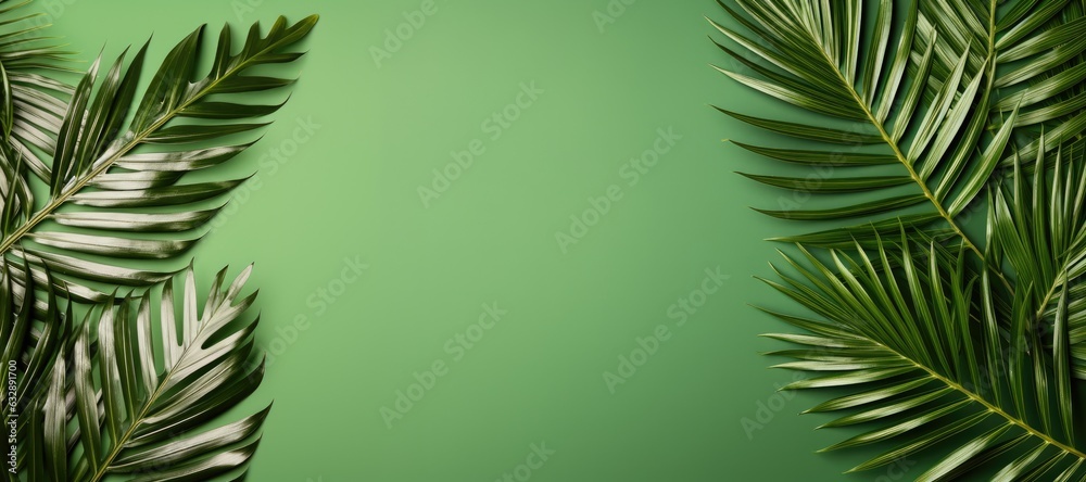 Top view of green tropical leaves on sand color ai generated