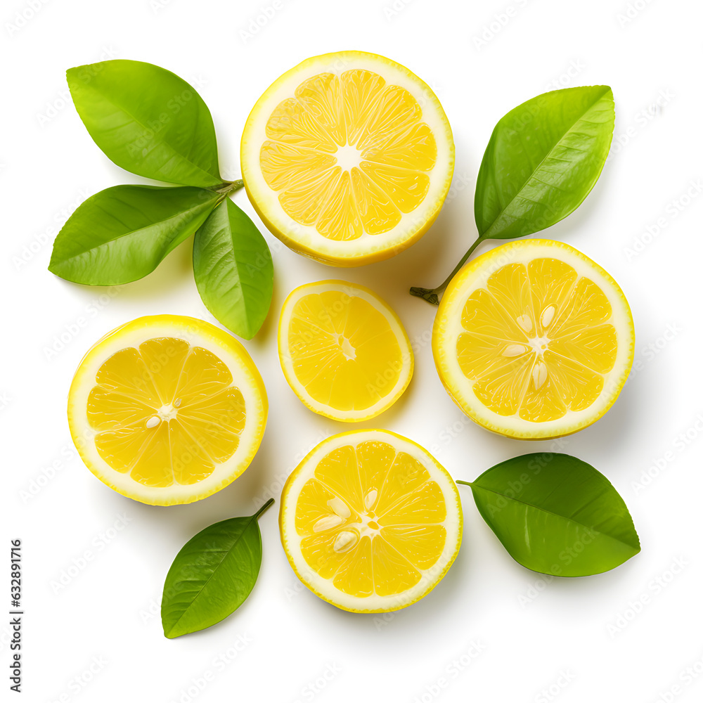 Fresh Lemon Slices and Leaves Top View Decorative Arrangement on White Background Fresh Lemon Slices and Leaves Top View Decorative Arrangement on White Background