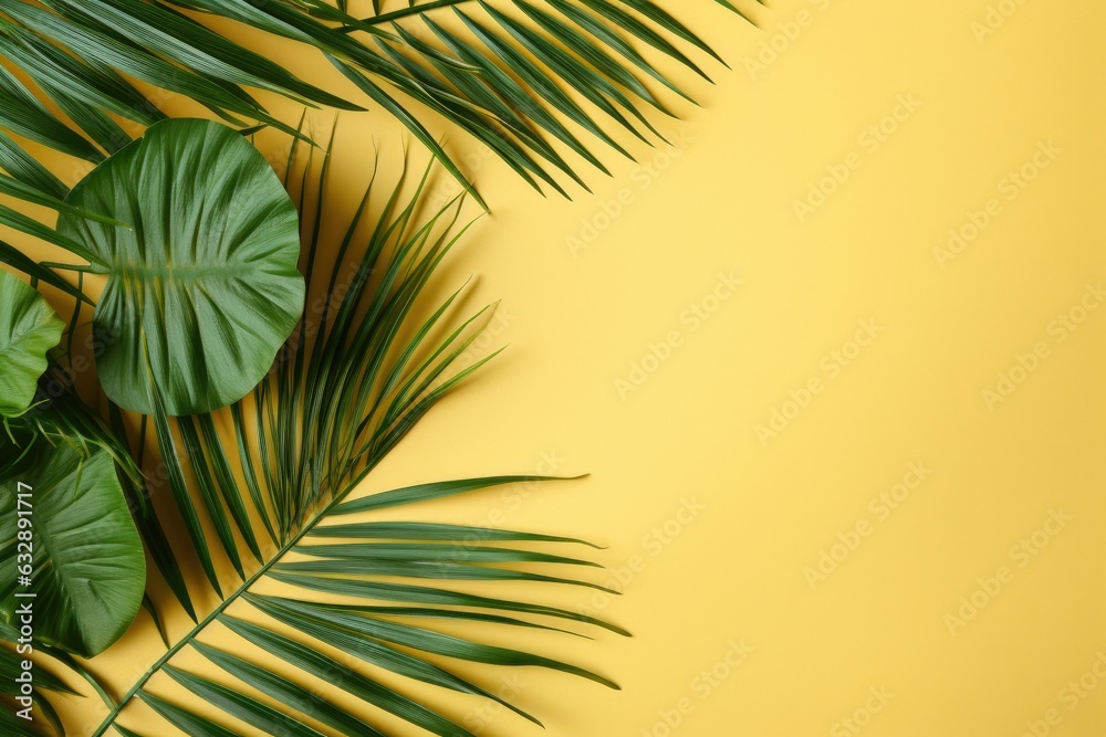 Top view of green tropical leaves on sand color ai generated