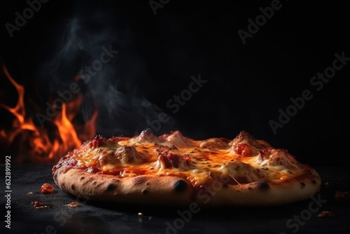 Whole tasty juicy pizza on black background ai generated