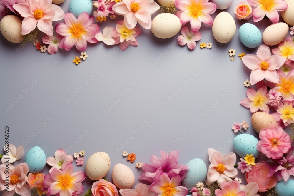 Creative layout on the top part of a frame made of easter eggs and flower