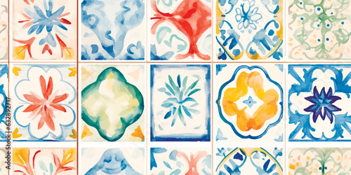 Modern Beautiful seamless pattern in patchwork style with contemporary hand drawn watercolor different tiles