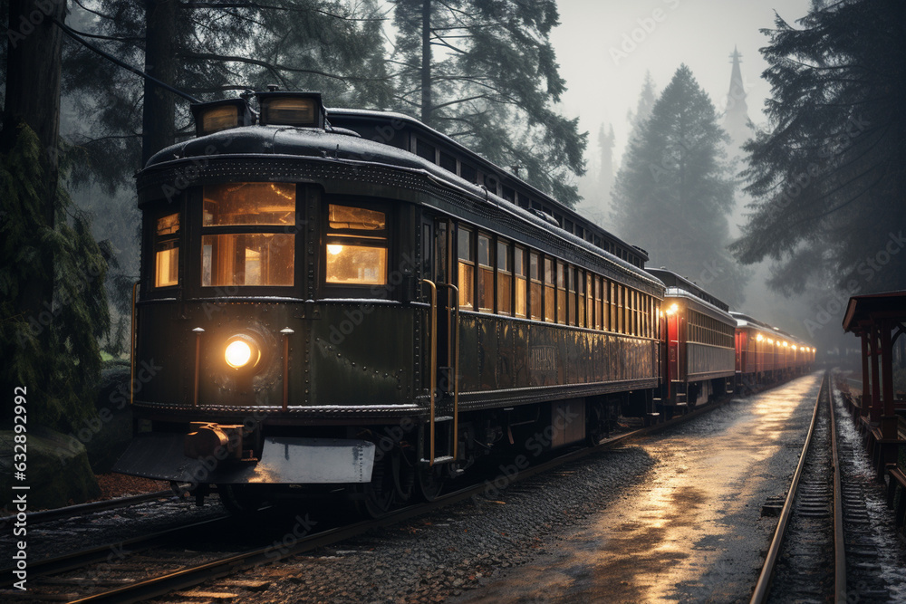 Fototapeta premium a historic train ride, traveling on vintage or heritage trains that offer a glimpse into the past, passing through charming towns, scenic countryside, and historical landmarks Generative AI