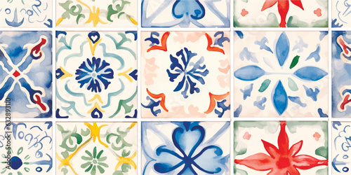 Modern Beautiful seamless pattern in patchwork style with contemporary hand drawn watercolor different tiles