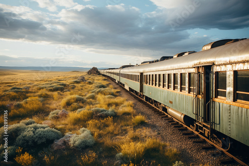 Travel across vast stretches of a country by train, witnessing the diverse landscapes, cultural shifts, and changing scenery, documenting the journey through photographs Generative AI