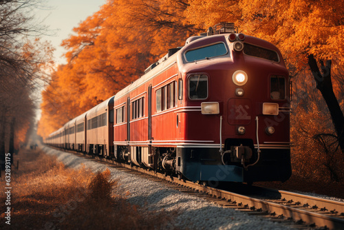 train trip during the autumn season, when the landscapes are painted in vibrant hues of red, orange, and gold, photographing the stunning fall foliage along the way Generative AI