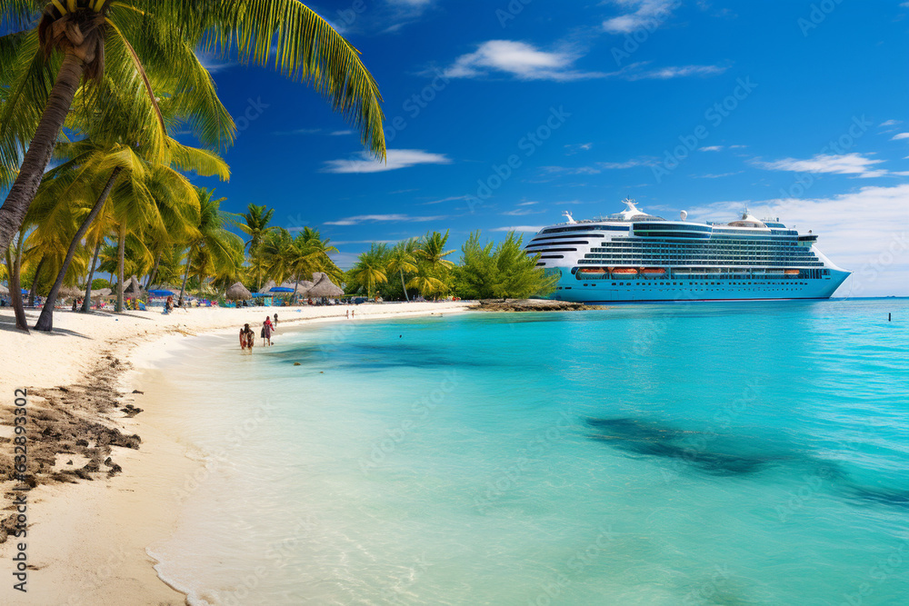 cruise ship journey through the Caribbean islands, enjoying pristine beaches, turquoise waters, and tropical landscapes, capturing the vibrant colors and relaxed atmosphere Generative AI