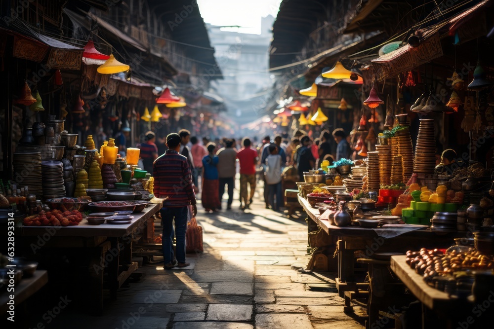 Bustling Market With Colorful Stalls, Generative AI.