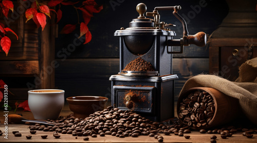 Old coffee grinder with fresh roasted beans 