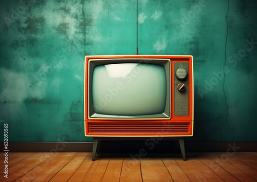 Retro old tv on circus vintage wall background