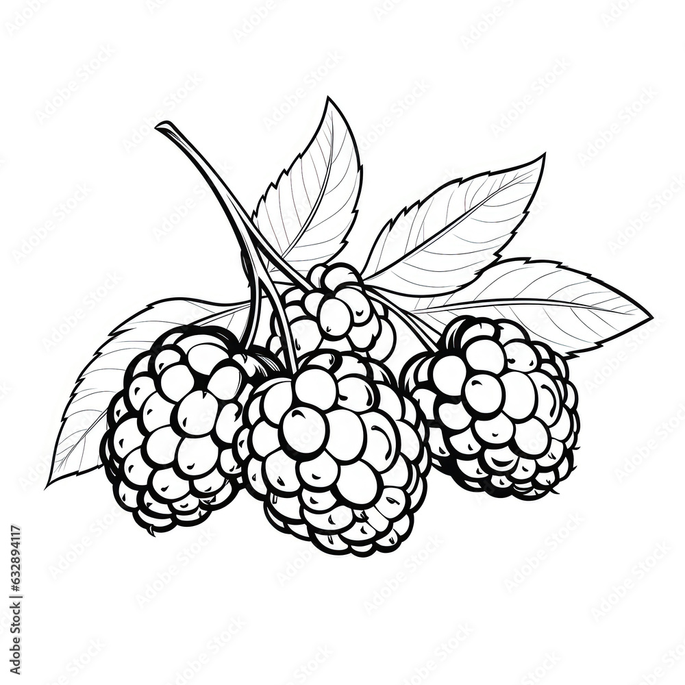 White Background With Black Outline Drawing Sweet Berries Cartoon, 2D, Black And White. Generative AI White Background With Black Outline Drawing Sweet Berries Cartoon, 2D, Black And White. Generative AI