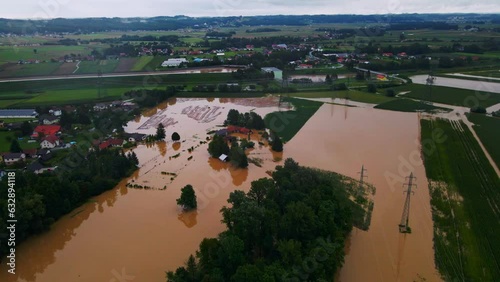 Horrific Aerial 4K Drone footage of  houses in Podravje, Slovenia, during August floods. The Drava River overflowed its banks, causing extensive damage. Captured during the day in cloudy weather. photo