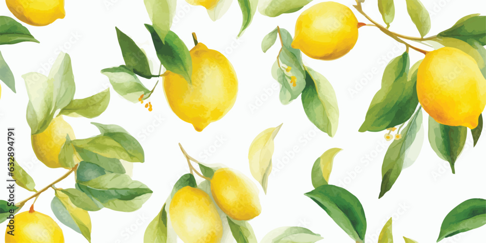 Beautiful seamless pattern with hand drawn watercolor yellow lemons on branches with leaves