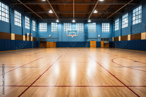 Empty school gymnasium seen from a low angle.