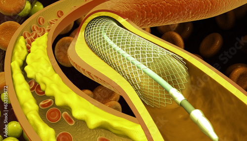 Cholesterol blockage with stent in artery. 3d illustration. photo