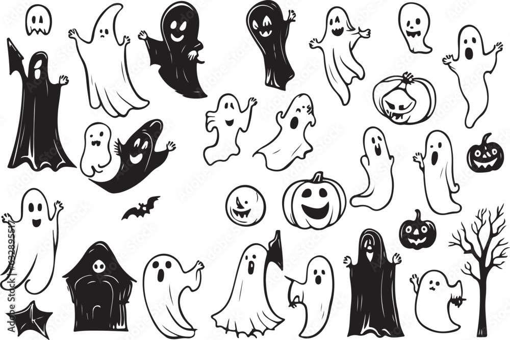 Set halloween vector illustrations ghosts and pumpkins with bats on white