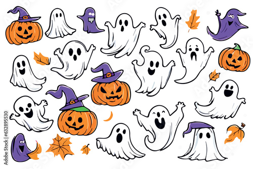 Fototapeta Naklejka Na Ścianę i Meble -  Set halloween vector illustrations ghosts and pumpkins with bats on white
