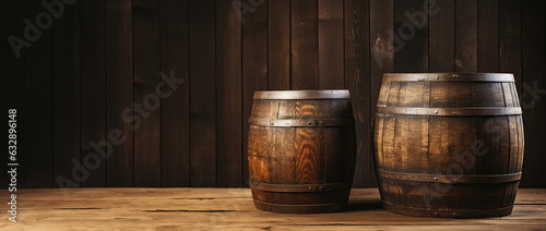 Wooden barrel arrangement in the backdrop.