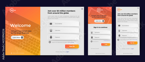 Modern Login form template with orange color. Mobile Registration and login forms page. Professional web design, full set of elements. User-friendly design materials.