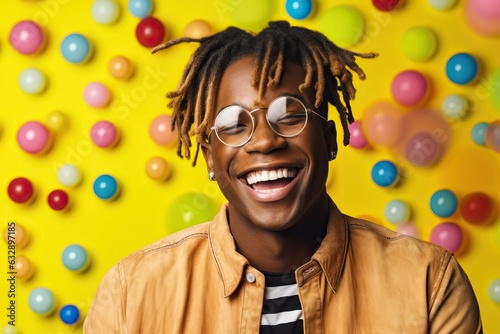 Cheerful afro american man in glasses on yellow background with stickers