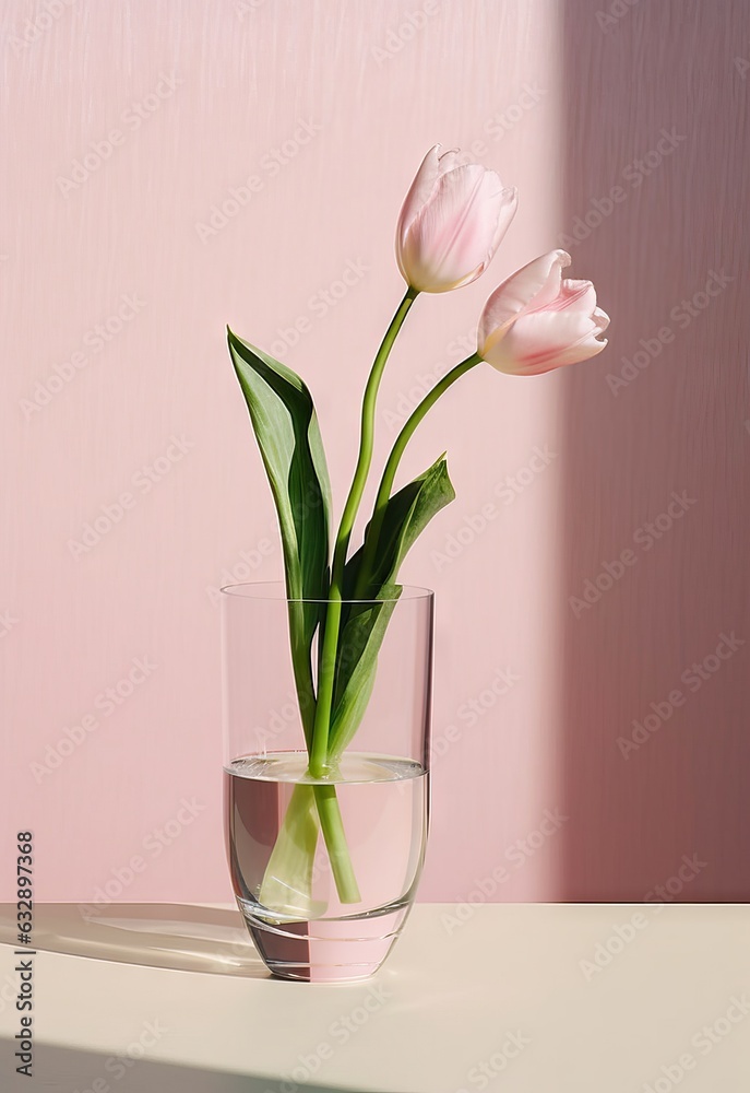 Tulips in a glass vase on a pink background.