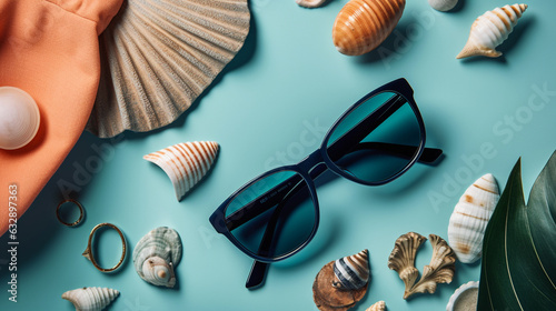 Photographie Beach essentials (sunglasses, sunscreen, seashells), Solid blue background, Flat