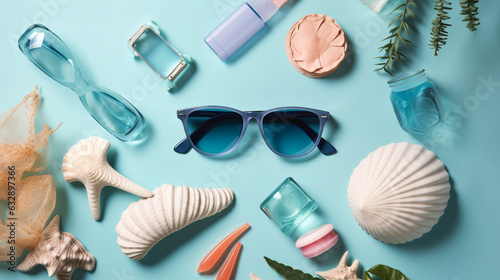 Beach essentials (sunglasses, sunscreen, seashells), Solid blue background, Flat lay, 
