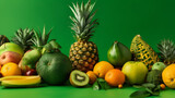 Tropical fruits (pineapple, kiwi, mango), Solid green background, Flat lay, 