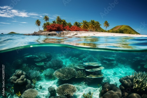Vibrant Coral Atoll Surrounded By Turquoise Water, Generative AI. © Shooting Star Std