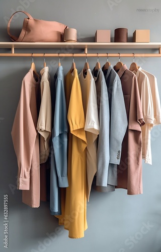 Colorful shirts hanging on wooden hangers in wardrobe, closeup