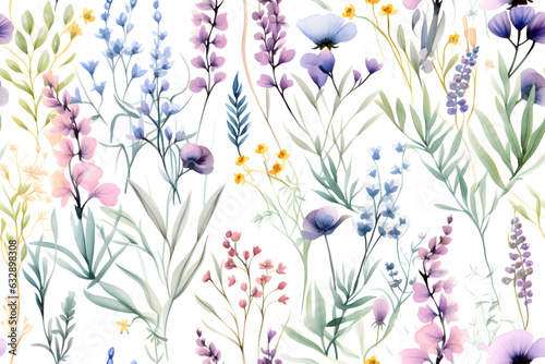 Wild Flowers bloom watercolor seamless pattern